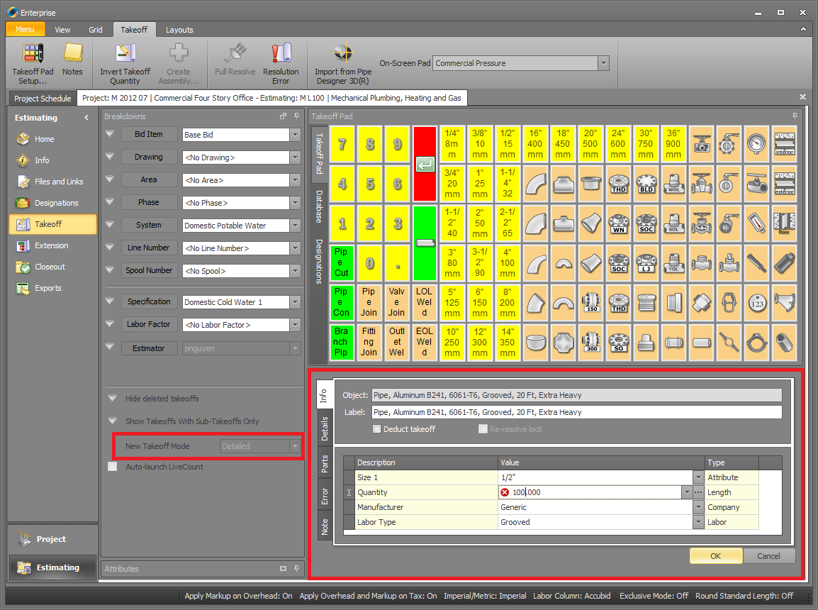 Inline and Detailed Takeoff Mode Trimble MEP